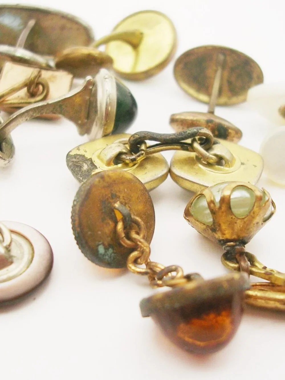 Antique Cufflinks Lot 19 SINGLE gold plate Mother of Pearl Gemstones double side
